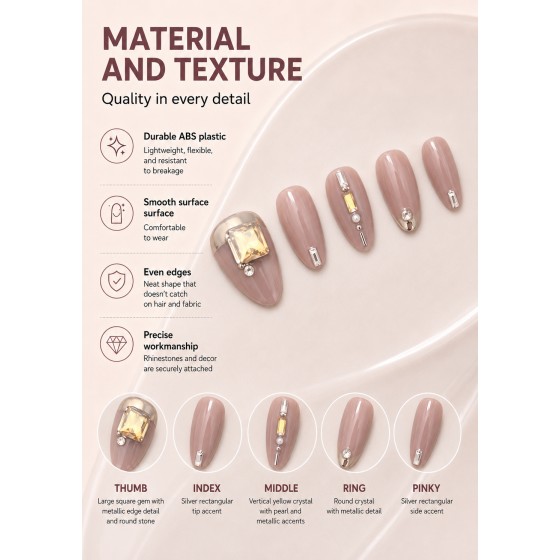 Grey‑Nude Medium‑Long Almond Press‑On Nails, Luxury Yellow Square Rhinestone Pearl Metal Decor Elegant False Nails
